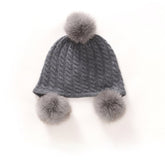 Kids Cute Cashmere Beanie with Real Fur Poms Knit Cashmere Hat
